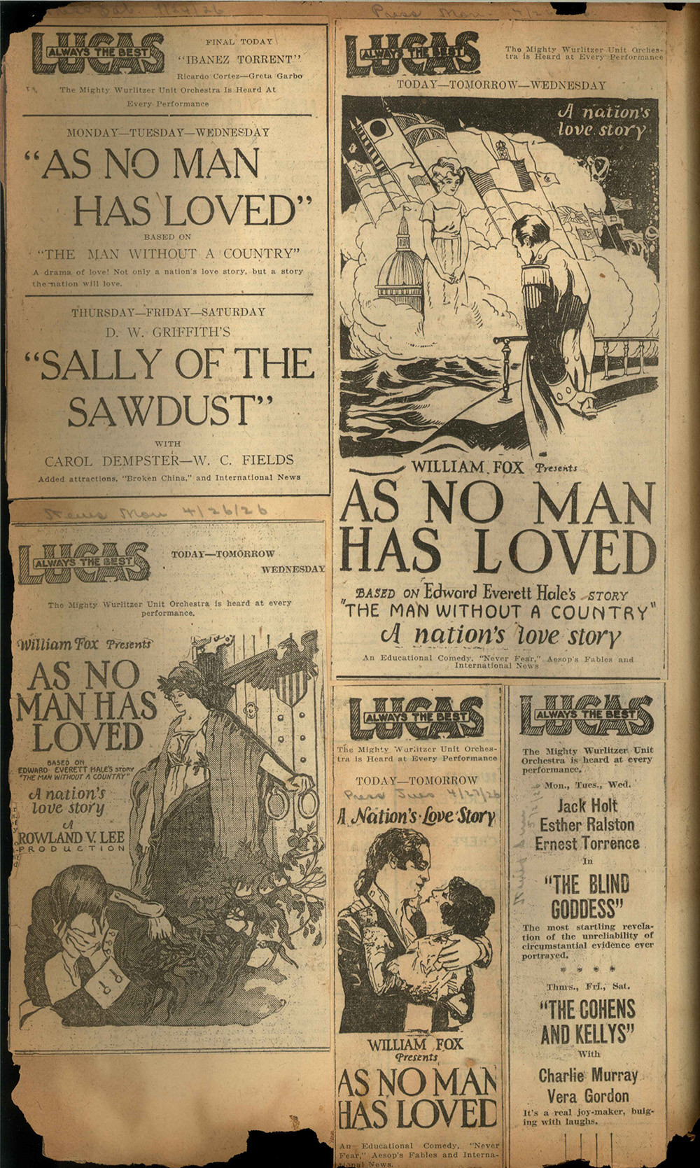 Lucas Theatre ad scrapbook 1920s